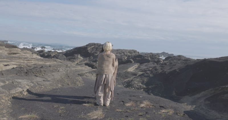 A figure in pale clothes stands with their back to the camera on a dark rocky coast